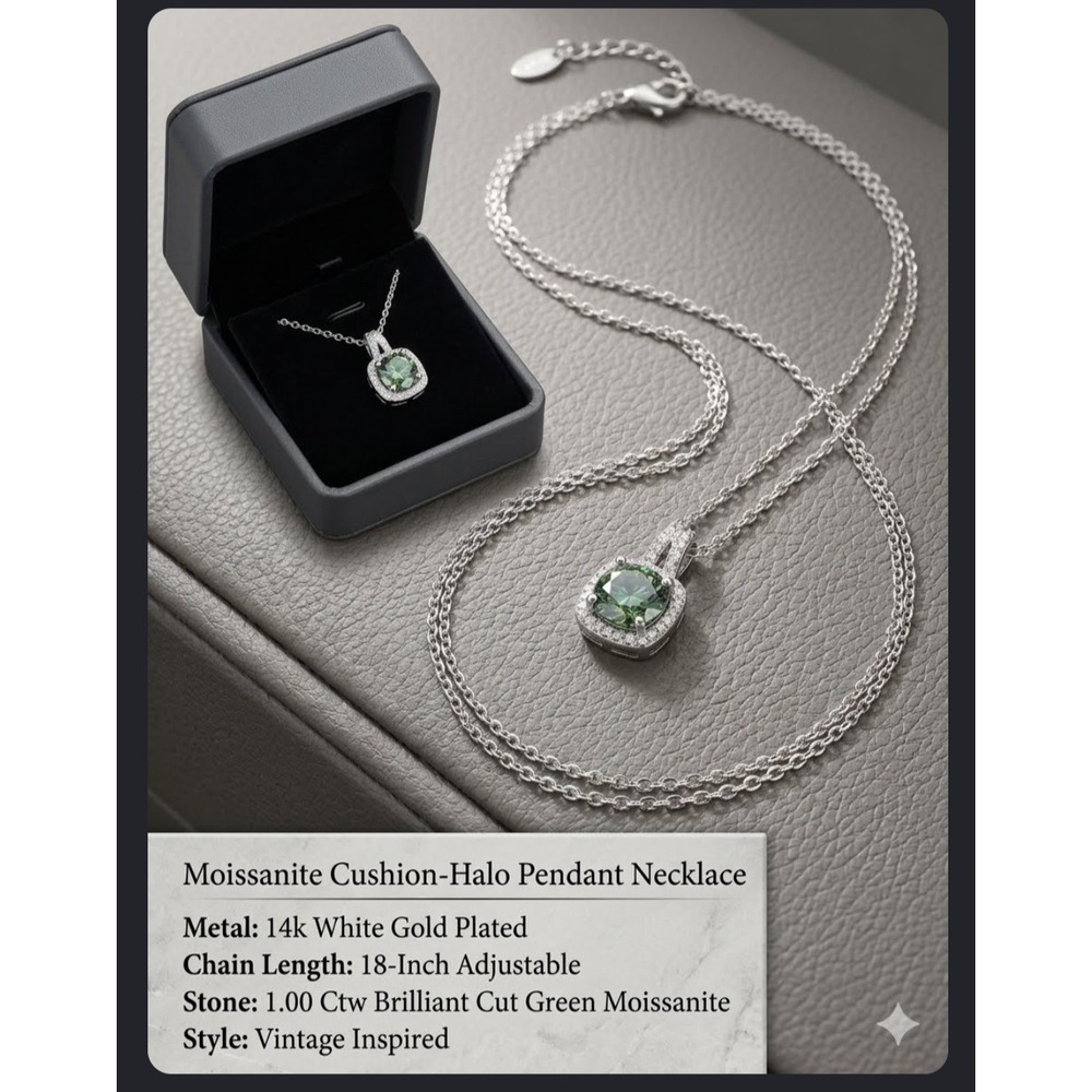 14k White Gold Plated 1ct Green Moissanite Cushion Halo Pendant Necklace 18in